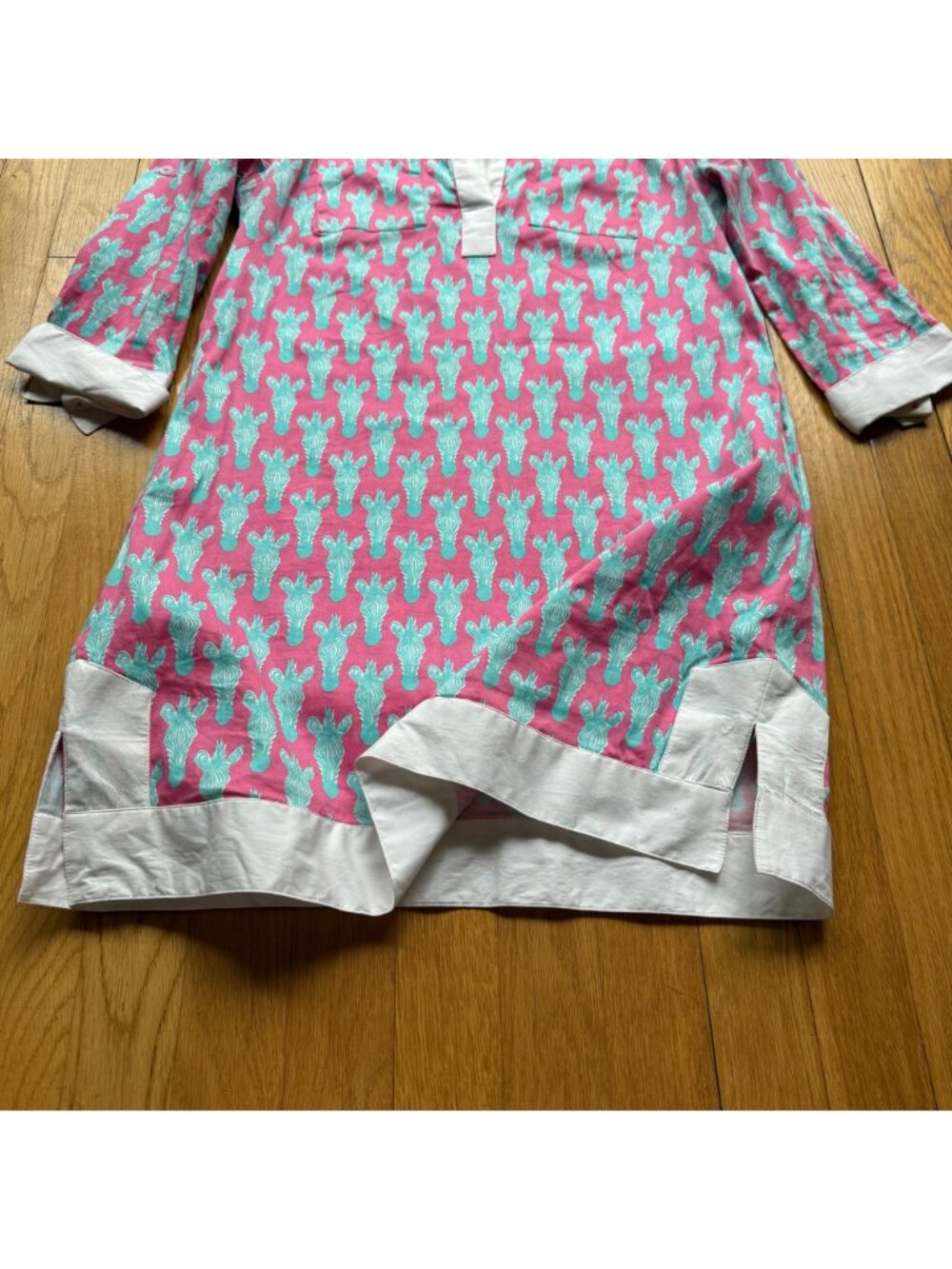 Tizzie Size XS Pink Aqua Zebra Print Split Neck Collar Cotton Blend Tunic Dress - Picture 10 of 15